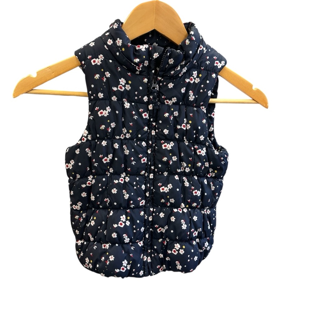 Petit‎ Bateau Quilted Floral Zip Up Vest Size 6 Navy Blue